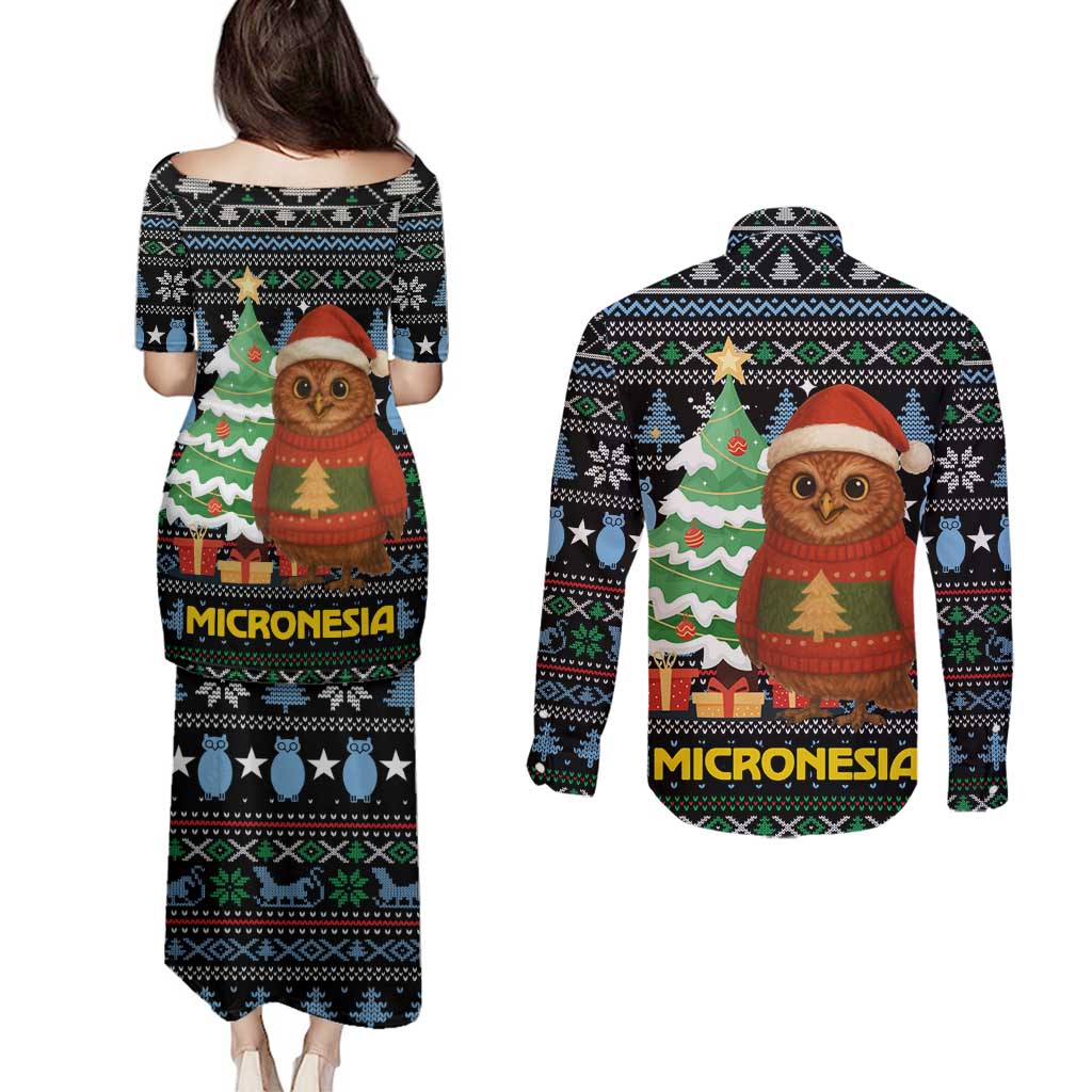 Micronesia Christmas Couples Matching Puletasi and Long Sleeve Button Shirt with Santa Owl Christmas Tree Gifts and Snowflake - Wonder Print Shop