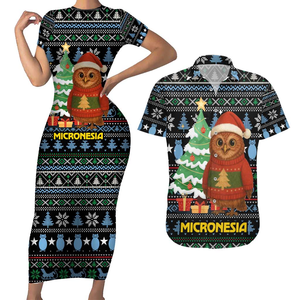 Micronesia Christmas Couples Matching Short Sleeve Bodycon Dress and Hawaiian Shirt with Santa Owl Christmas Tree Gifts and Snowflake - Wonder Print Shop