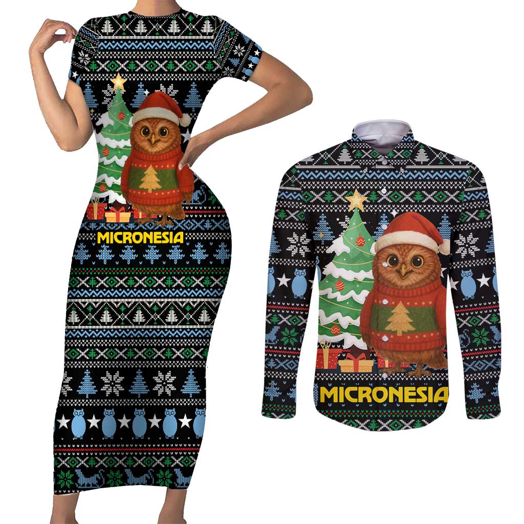 Micronesia Christmas Couples Matching Short Sleeve Bodycon Dress and Long Sleeve Button Shirt with Santa Owl Christmas Tree Gifts and Snowflake - Wonder Print Shop