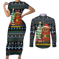 Micronesia Christmas Couples Matching Short Sleeve Bodycon Dress and Long Sleeve Button Shirt with Santa Owl Christmas Tree Gifts and Snowflake - Wonder Print Shop