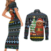 Micronesia Christmas Couples Matching Short Sleeve Bodycon Dress and Long Sleeve Button Shirt with Santa Owl Christmas Tree Gifts and Snowflake - Wonder Print Shop