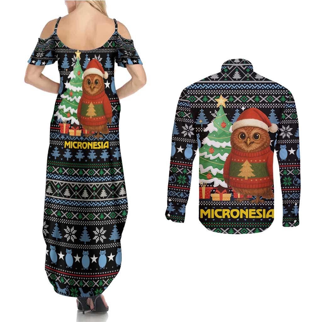Micronesia Christmas Couples Matching Summer Maxi Dress and Long Sleeve Button Shirt with Santa Owl Christmas Tree Gifts and Snowflake - Wonder Print Shop