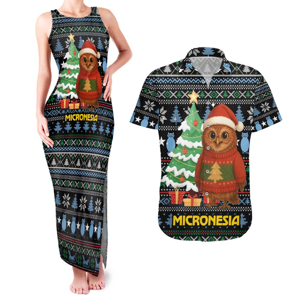 Micronesia Christmas Couples Matching Tank Maxi Dress and Hawaiian Shirt with Santa Owl Christmas Tree Gifts and Snowflake - Wonder Print Shop