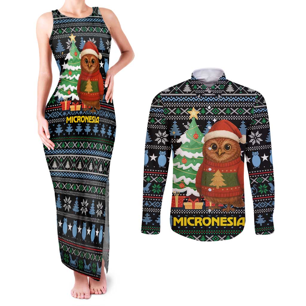 Micronesia Christmas Couples Matching Tank Maxi Dress and Long Sleeve Button Shirt with Santa Owl Christmas Tree Gifts and Snowflake - Wonder Print Shop