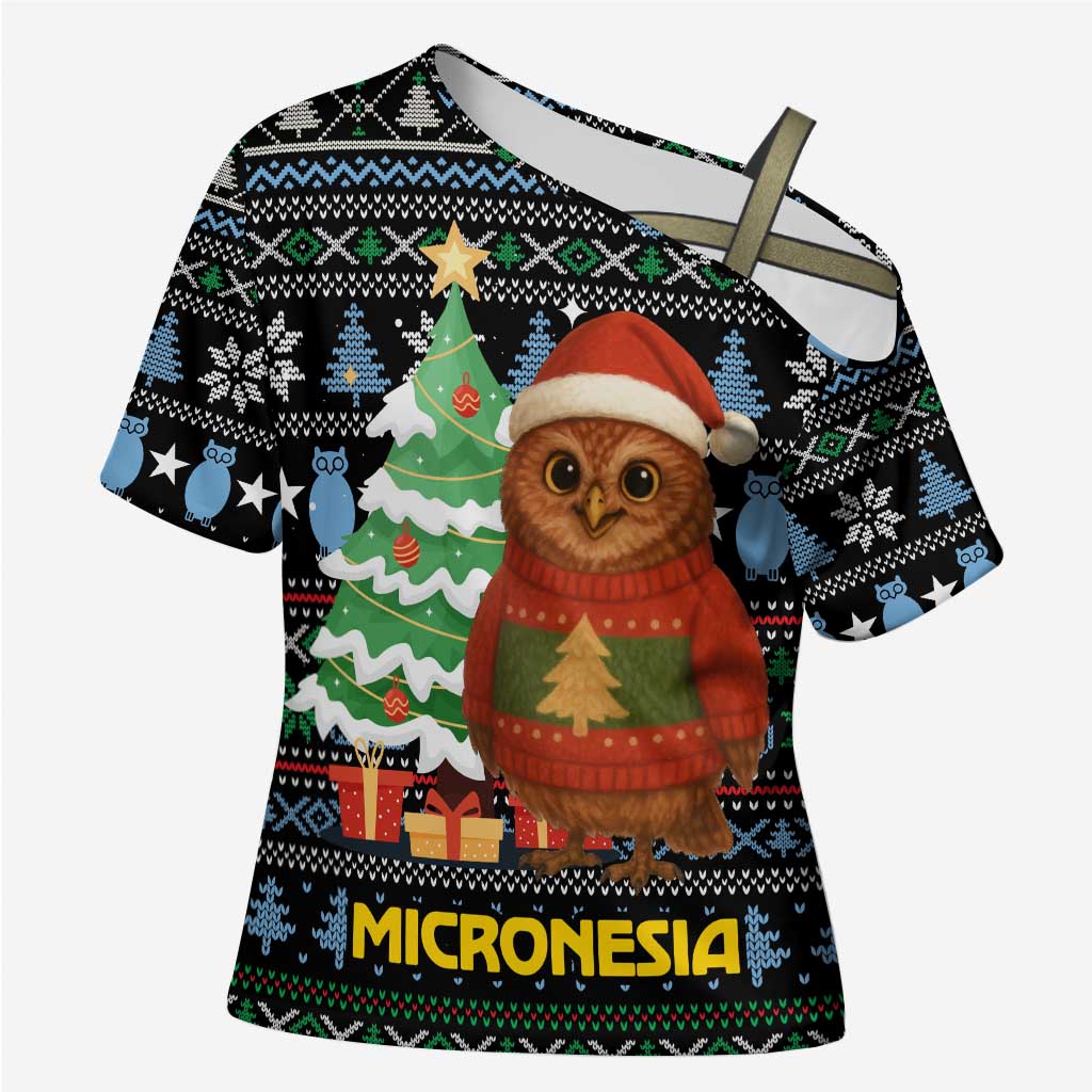 Micronesia Christmas Cross Shoulder Shirt with Santa Owl Christmas Tree Gifts and Snowflake - Wonder Print Shop