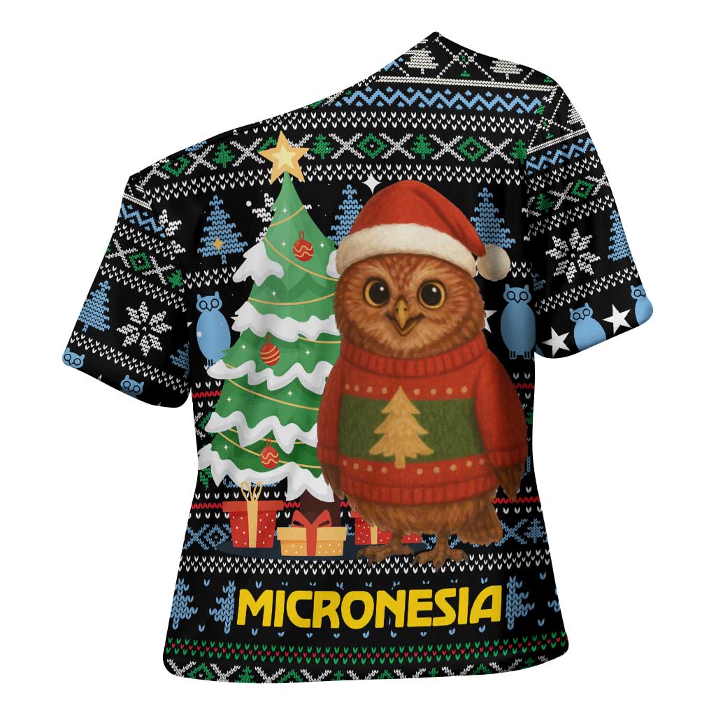 Micronesia Christmas Cross Shoulder Shirt with Santa Owl Christmas Tree Gifts and Snowflake - Wonder Print Shop
