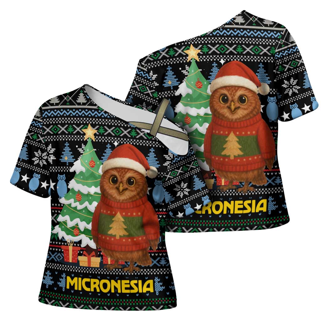 Micronesia Christmas Cross Shoulder Shirt with Santa Owl Christmas Tree Gifts and Snowflake - Wonder Print Shop
