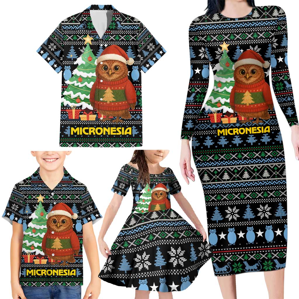 Micronesia Christmas Family Matching Long Sleeve Bodycon Dress and Hawaiian Shirt with Santa Owl Christmas Tree Gifts and Snowflake - Wonder Print Shop