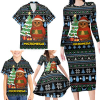 Micronesia Christmas Family Matching Long Sleeve Bodycon Dress and Hawaiian Shirt with Santa Owl Christmas Tree Gifts and Snowflake - Wonder Print Shop