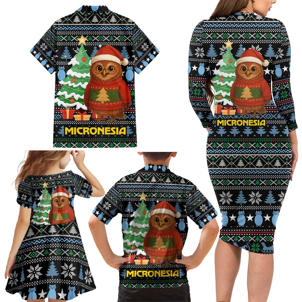 Micronesia Christmas Family Matching Long Sleeve Bodycon Dress and Hawaiian Shirt with Santa Owl Christmas Tree Gifts and Snowflake - Wonder Print Shop