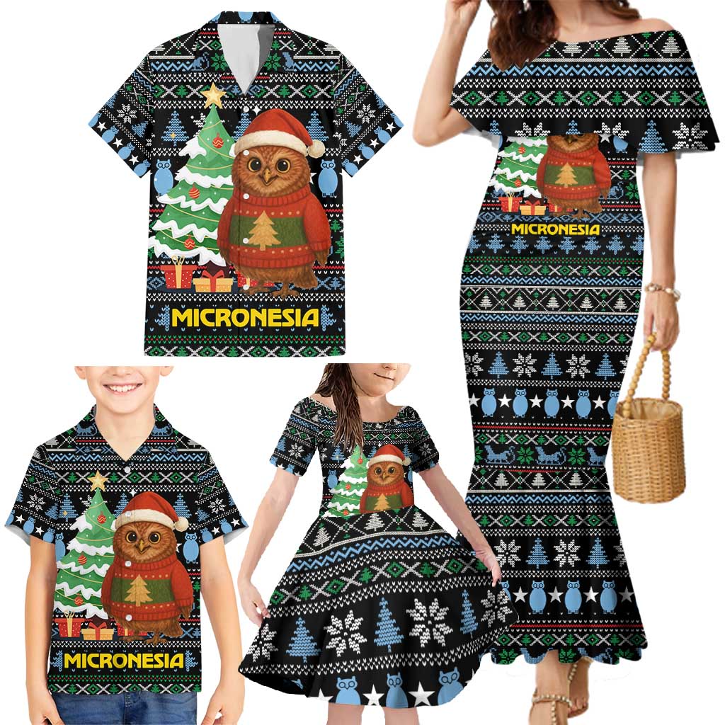Micronesia Christmas Family Matching Mermaid Dress and Hawaiian Shirt with Santa Owl Christmas Tree Gifts and Snowflake - Wonder Print Shop