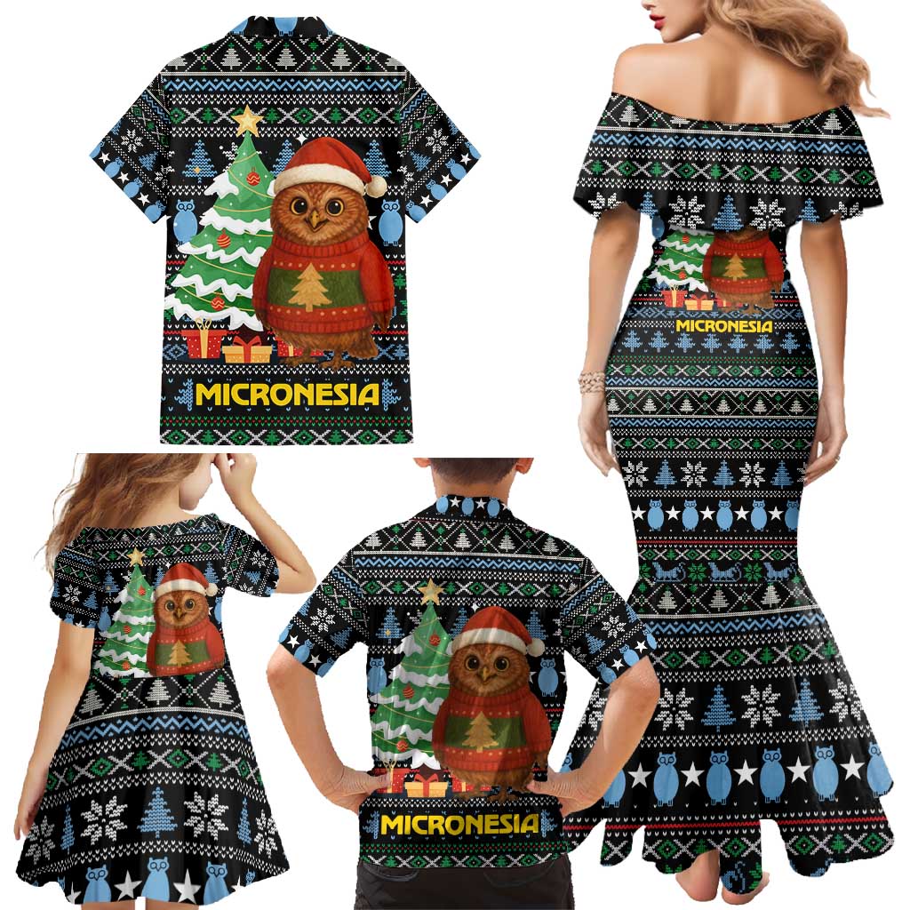 Micronesia Christmas Family Matching Mermaid Dress and Hawaiian Shirt with Santa Owl Christmas Tree Gifts and Snowflake - Wonder Print Shop