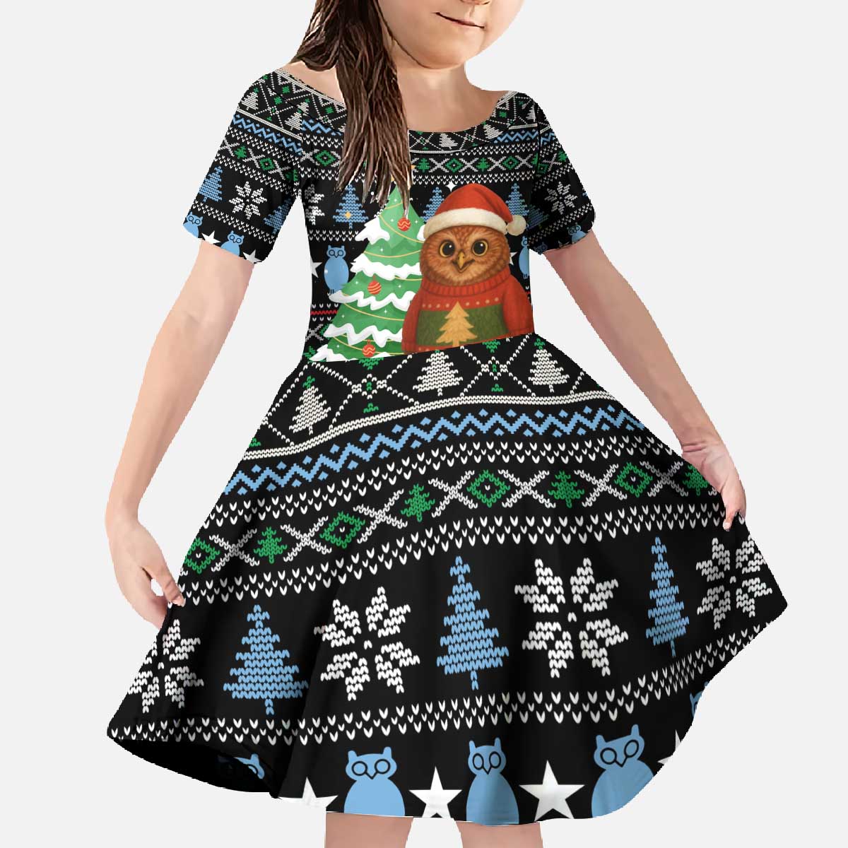 Micronesia Christmas Family Matching Off The Shoulder Long Sleeve Dress and Hawaiian Shirt with Santa Owl Christmas Tree Gifts and Snowflake - Wonder Print Shop