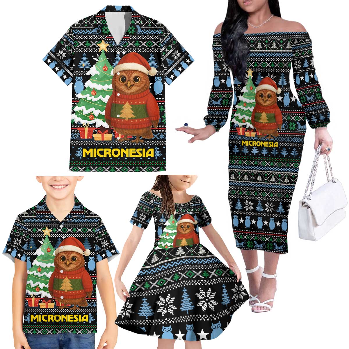 Micronesia Christmas Family Matching Off The Shoulder Long Sleeve Dress and Hawaiian Shirt with Santa Owl Christmas Tree Gifts and Snowflake - Wonder Print Shop