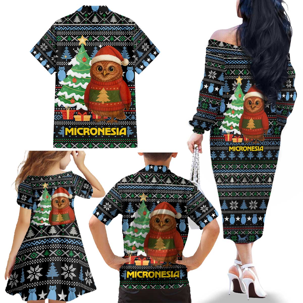 Micronesia Christmas Family Matching Off The Shoulder Long Sleeve Dress and Hawaiian Shirt with Santa Owl Christmas Tree Gifts and Snowflake - Wonder Print Shop