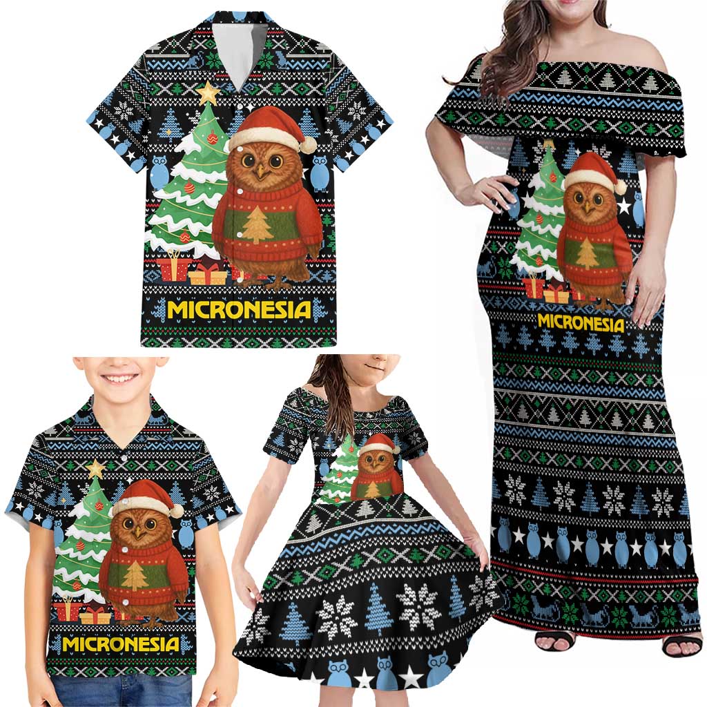 Micronesia Christmas Family Matching Off Shoulder Maxi Dress and Hawaiian Shirt with Santa Owl Christmas Tree Gifts and Snowflake - Wonder Print Shop