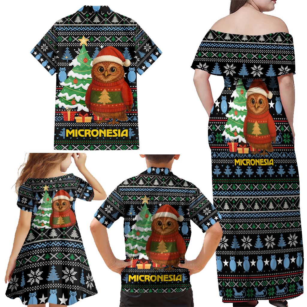 Micronesia Christmas Family Matching Off Shoulder Maxi Dress and Hawaiian Shirt with Santa Owl Christmas Tree Gifts and Snowflake - Wonder Print Shop
