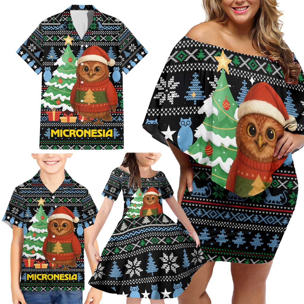 Micronesia Christmas Family Matching Off Shoulder Short Dress and Hawaiian Shirt with Santa Owl Christmas Tree Gifts and Snowflake - Wonder Print Shop