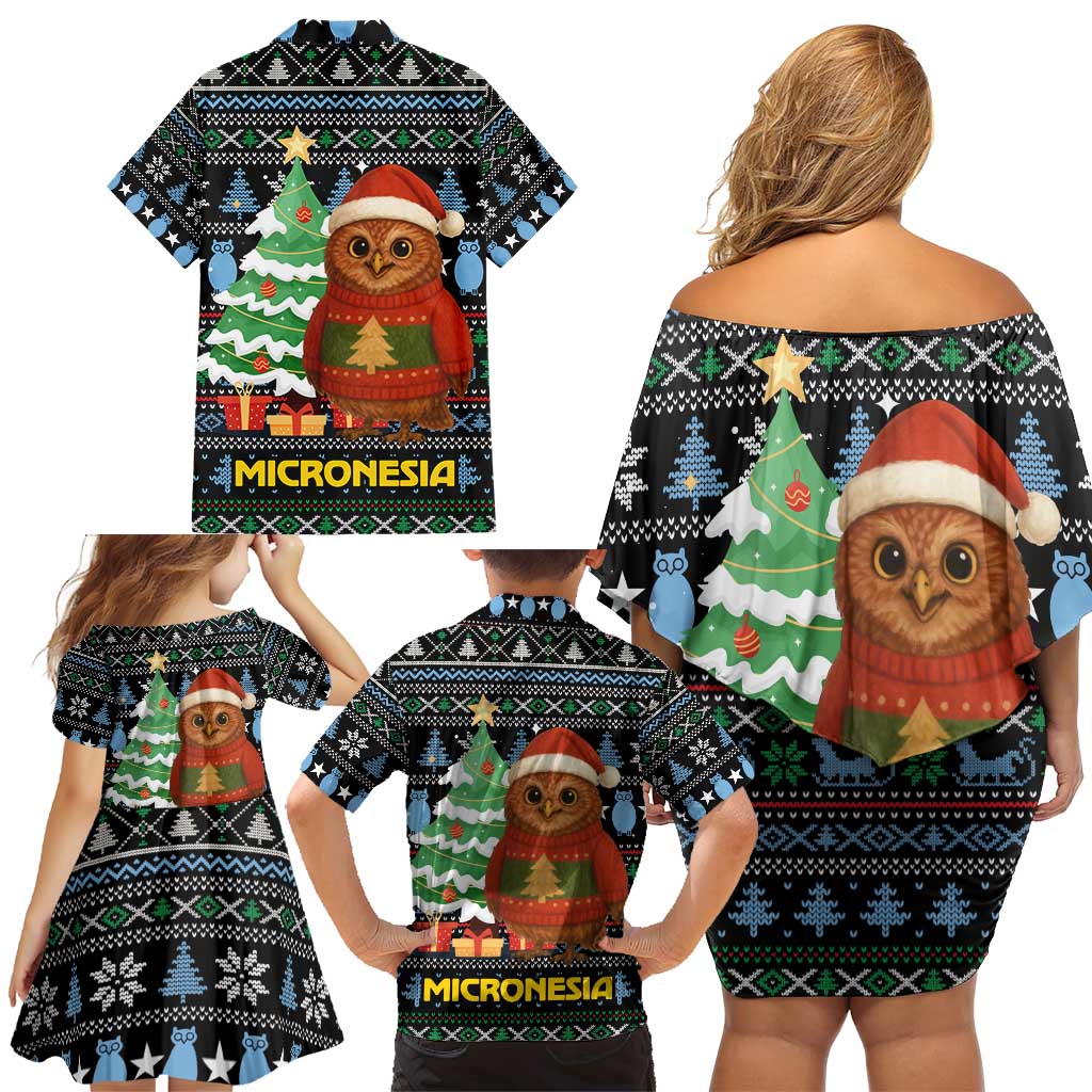 Micronesia Christmas Family Matching Off Shoulder Short Dress and Hawaiian Shirt with Santa Owl Christmas Tree Gifts and Snowflake - Wonder Print Shop