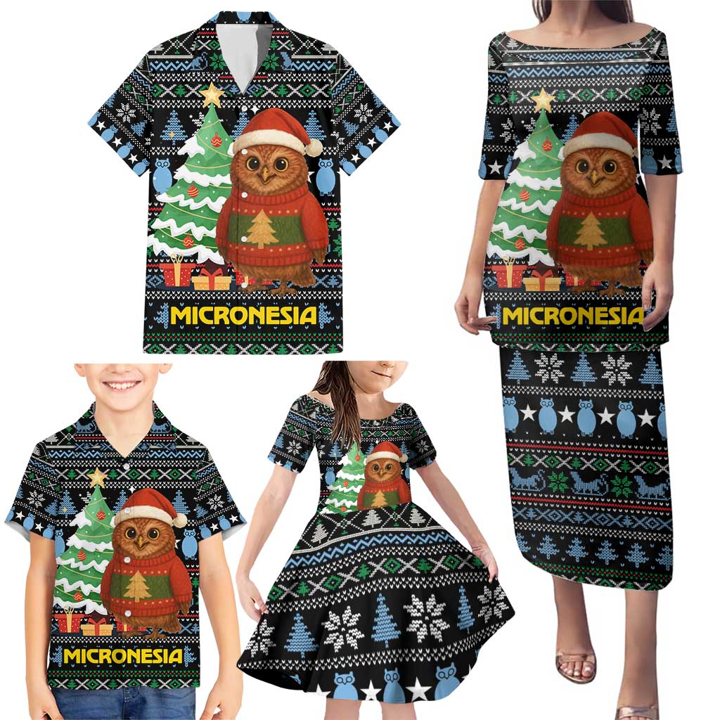 Micronesia Christmas Family Matching Puletasi and Hawaiian Shirt with Santa Owl Christmas Tree Gifts and Snowflake - Wonder Print Shop
