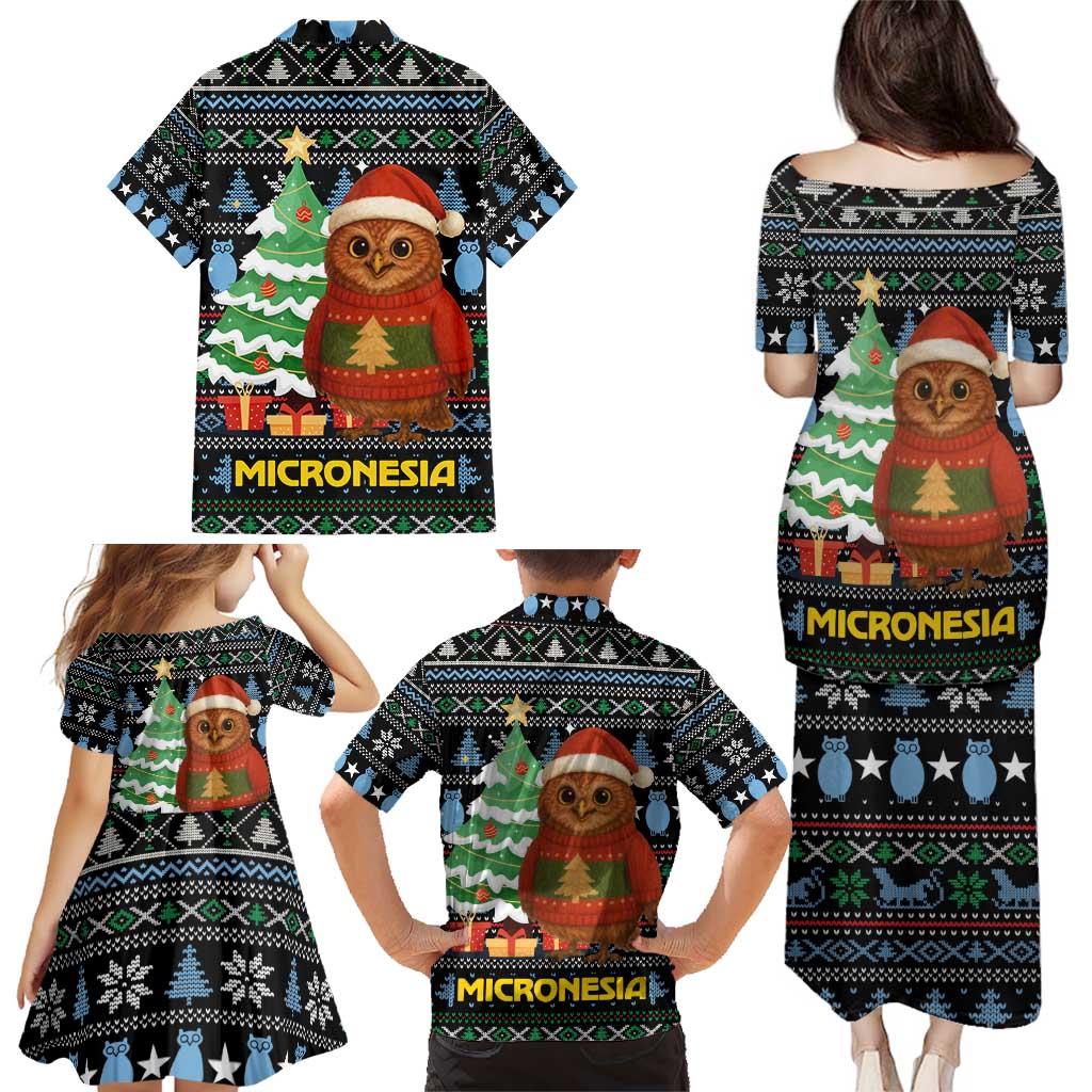 Micronesia Christmas Family Matching Puletasi and Hawaiian Shirt with Santa Owl Christmas Tree Gifts and Snowflake - Wonder Print Shop