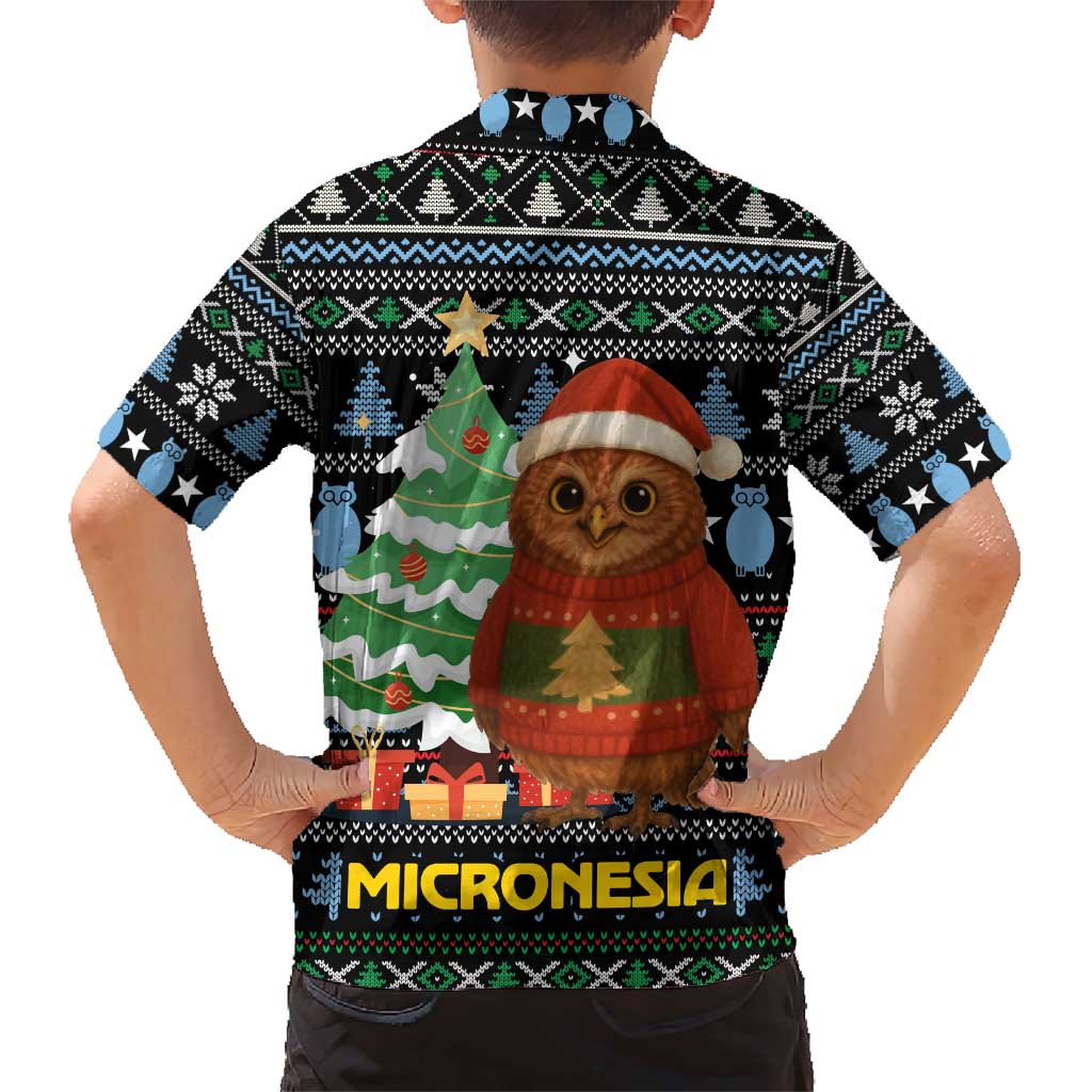 Micronesia Christmas Family Matching Short Sleeve Bodycon Dress and Hawaiian Shirt with Santa Owl Christmas Tree Gifts and Snowflake - Wonder Print Shop