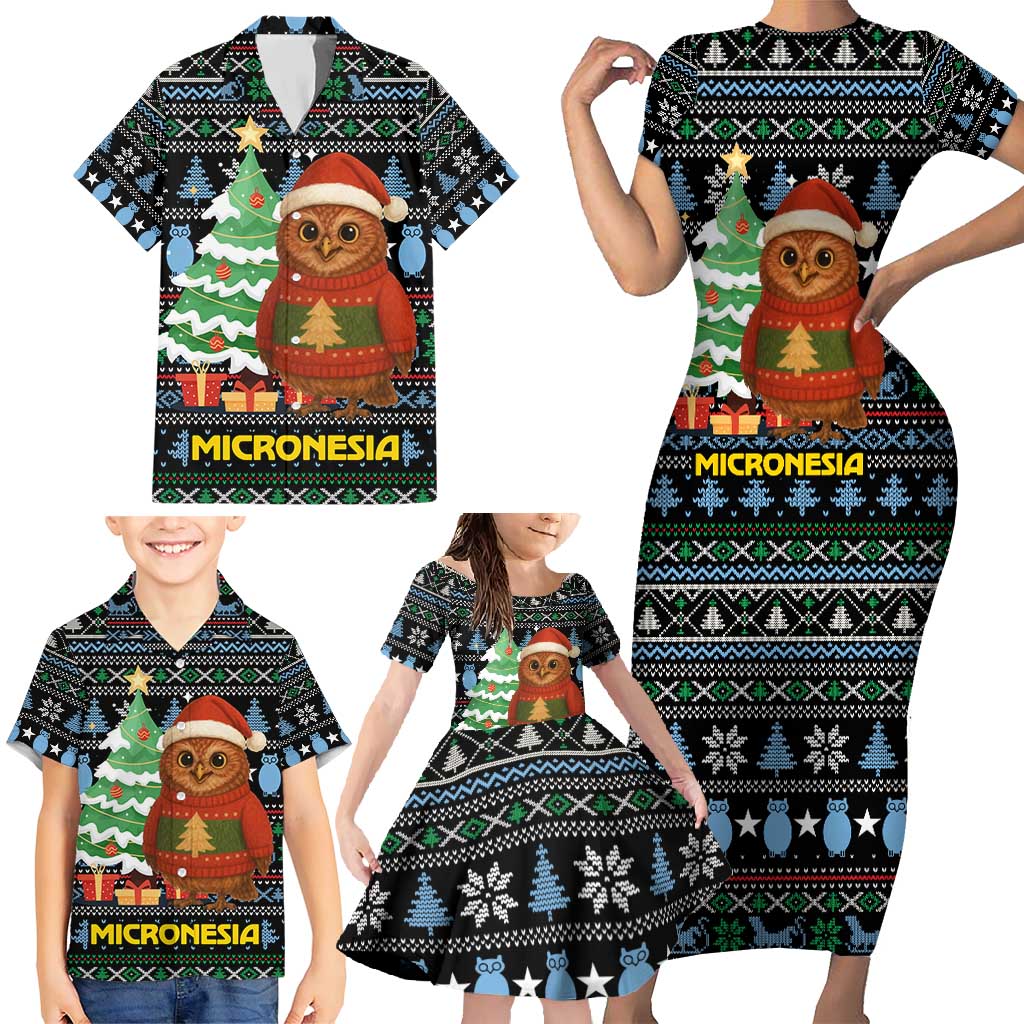 Micronesia Christmas Family Matching Short Sleeve Bodycon Dress and Hawaiian Shirt with Santa Owl Christmas Tree Gifts and Snowflake - Wonder Print Shop