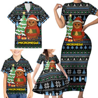 Micronesia Christmas Family Matching Short Sleeve Bodycon Dress and Hawaiian Shirt with Santa Owl Christmas Tree Gifts and Snowflake - Wonder Print Shop