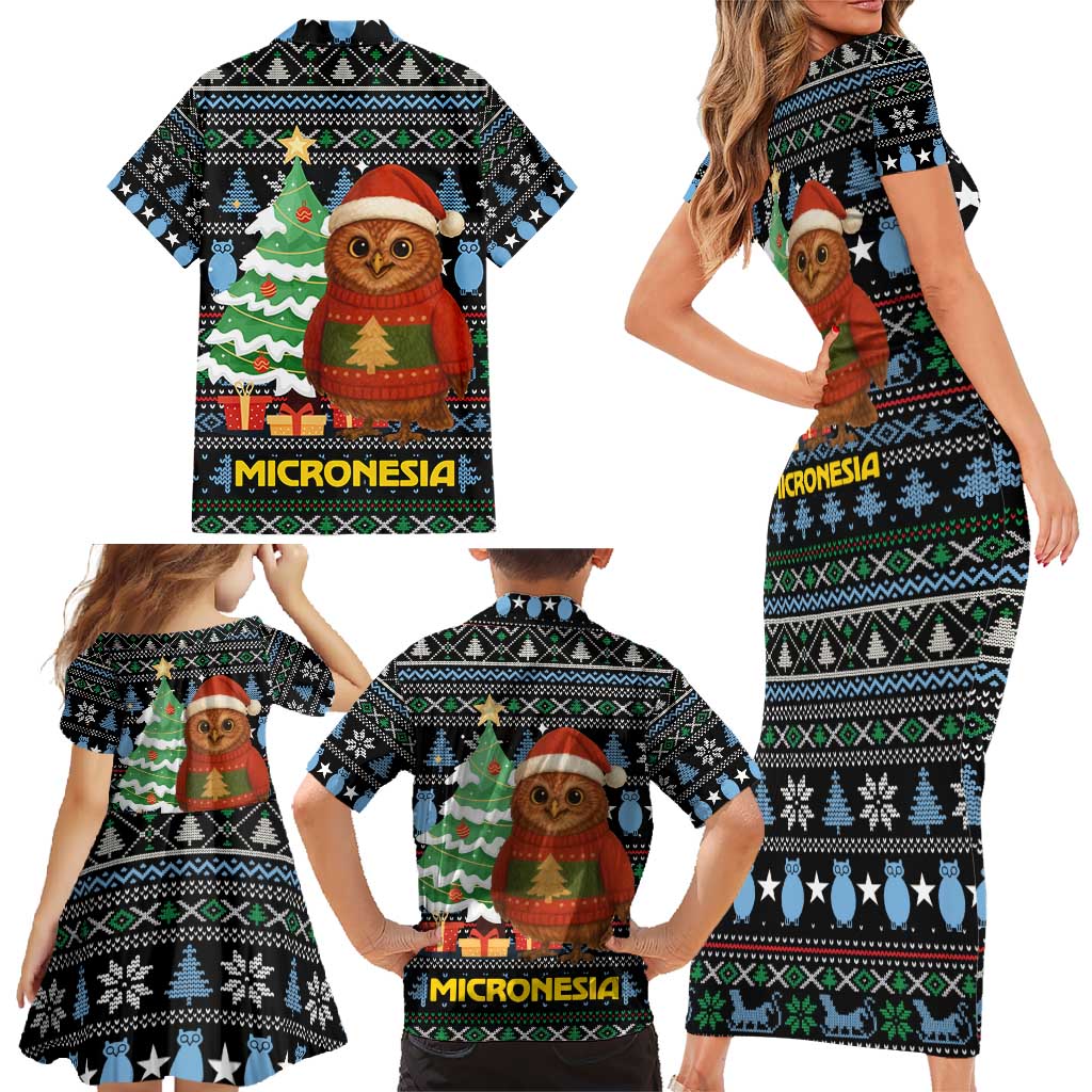 Micronesia Christmas Family Matching Short Sleeve Bodycon Dress and Hawaiian Shirt with Santa Owl Christmas Tree Gifts and Snowflake - Wonder Print Shop