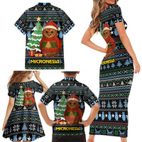 Micronesia Christmas Family Matching Short Sleeve Bodycon Dress and Hawaiian Shirt with Santa Owl Christmas Tree Gifts and Snowflake - Wonder Print Shop