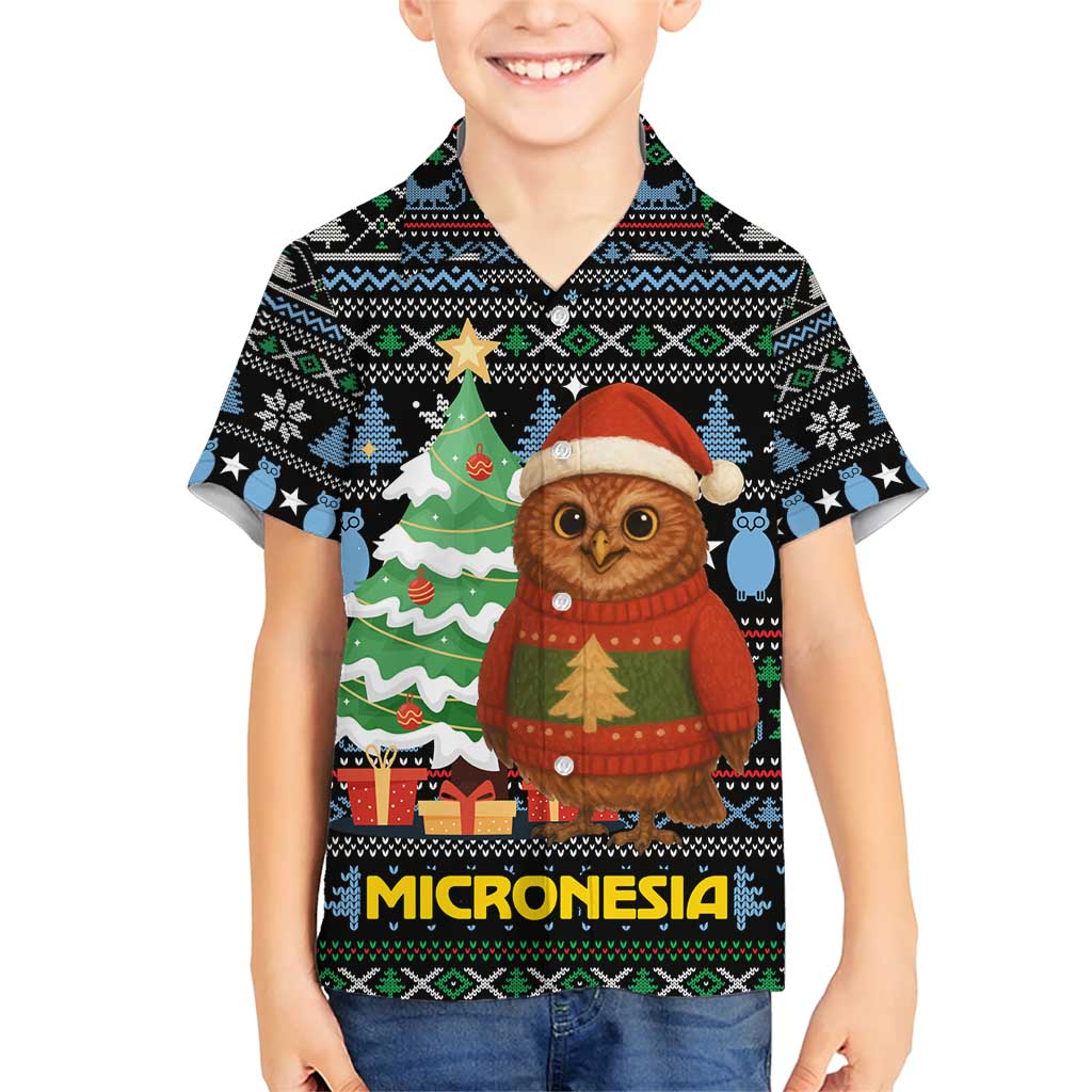 Micronesia Christmas Family Matching Short Sleeve Bodycon Dress and Hawaiian Shirt with Santa Owl Christmas Tree Gifts and Snowflake - Wonder Print Shop