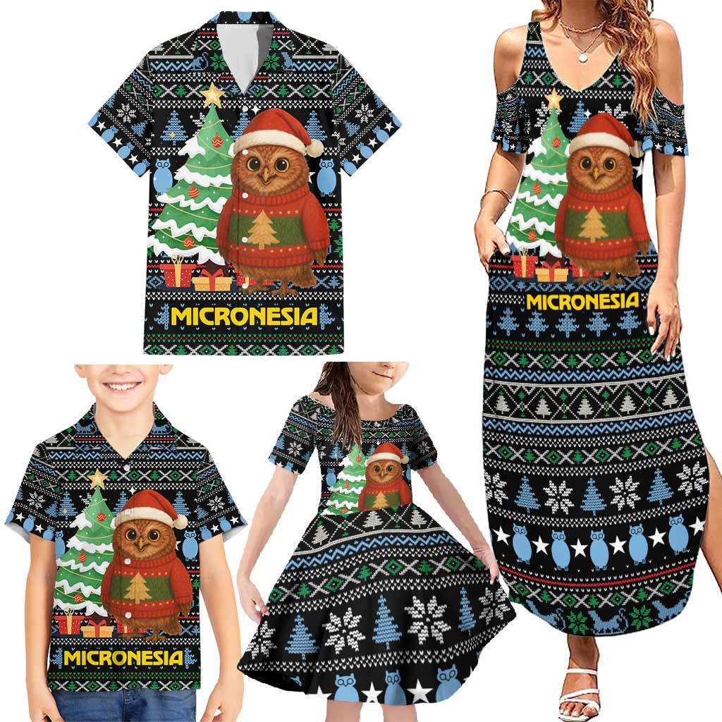 Micronesia Christmas Family Matching Summer Maxi Dress and Hawaiian Shirt with Santa Owl Christmas Tree Gifts and Snowflake - Wonder Print Shop