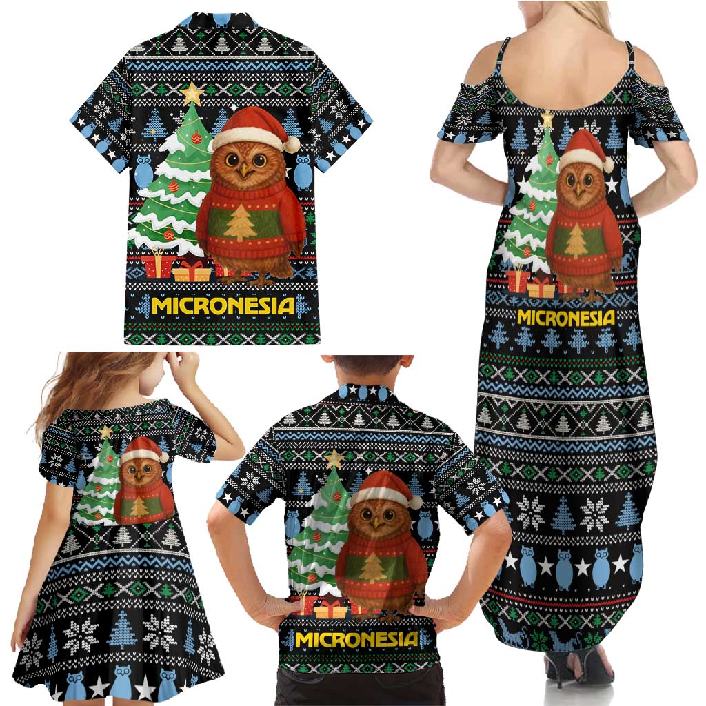 Micronesia Christmas Family Matching Summer Maxi Dress and Hawaiian Shirt with Santa Owl Christmas Tree Gifts and Snowflake - Wonder Print Shop