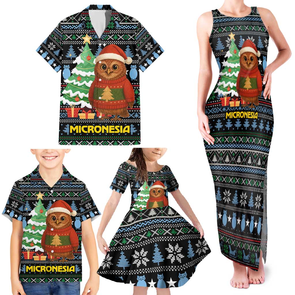Micronesia Christmas Family Matching Tank Maxi Dress and Hawaiian Shirt with Santa Owl Christmas Tree Gifts and Snowflake - Wonder Print Shop