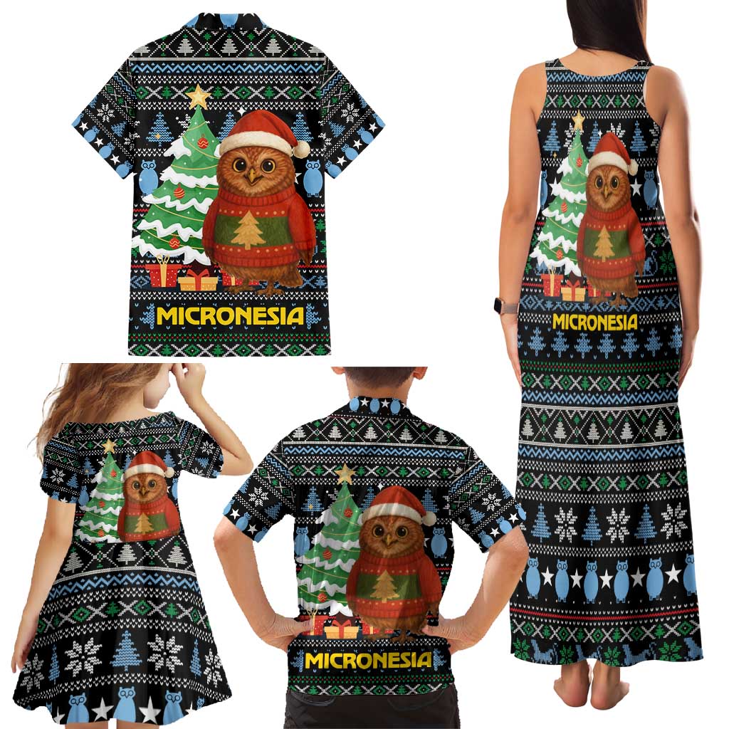Micronesia Christmas Family Matching Tank Maxi Dress and Hawaiian Shirt with Santa Owl Christmas Tree Gifts and Snowflake - Wonder Print Shop