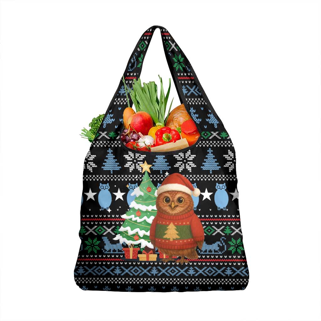 Micronesia Christmas Grocery Bag with Santa Owl Christmas Tree Gifts and Snowflake - Wonder Print Shop