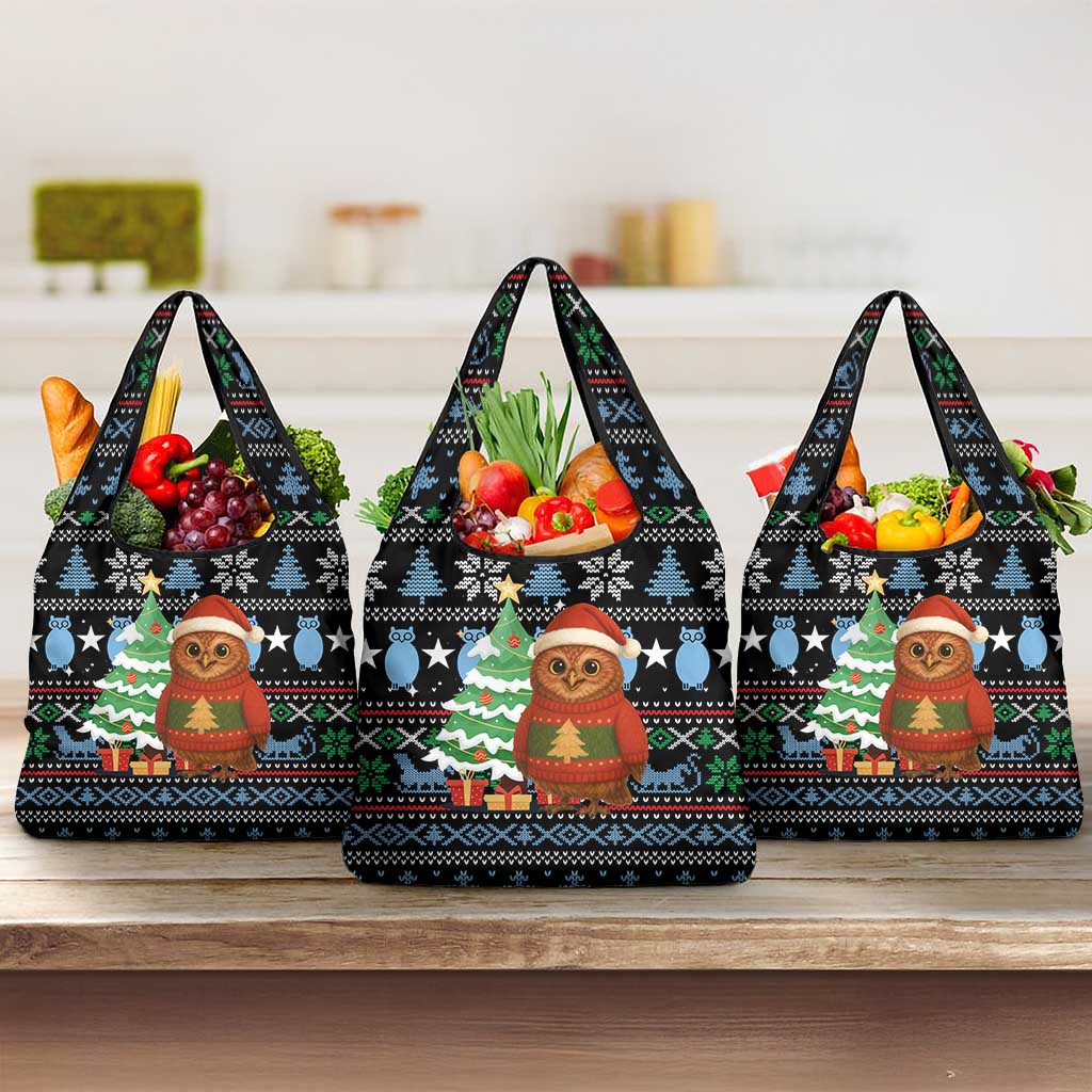Micronesia Christmas Grocery Bag with Santa Owl Christmas Tree Gifts and Snowflake - Wonder Print Shop