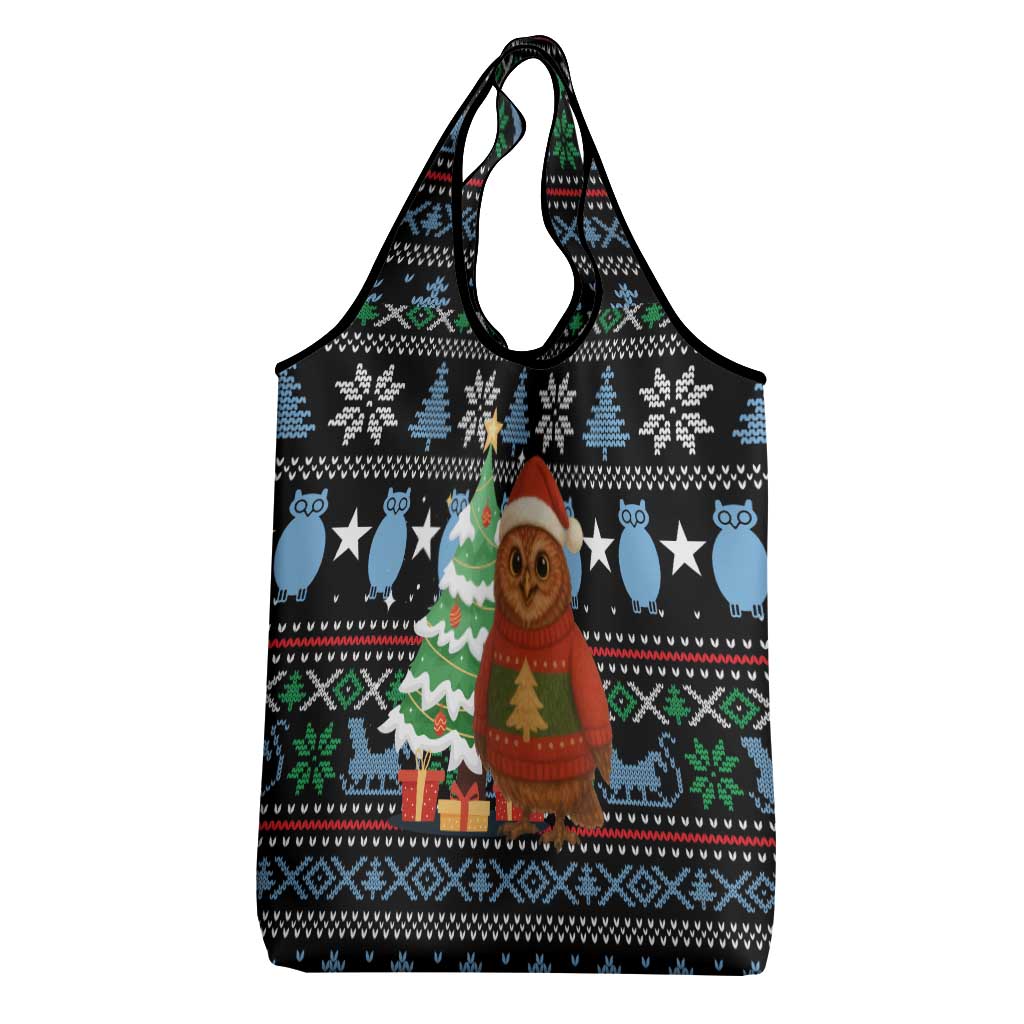 Micronesia Christmas Grocery Bag with Santa Owl Christmas Tree Gifts and Snowflake - Wonder Print Shop