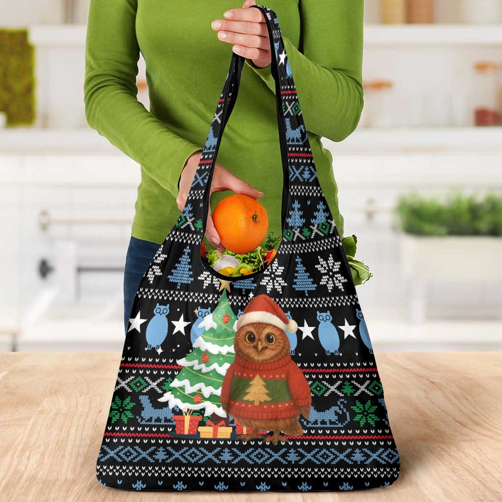 Micronesia Christmas Grocery Bag with Santa Owl Christmas Tree Gifts and Snowflake - Wonder Print Shop