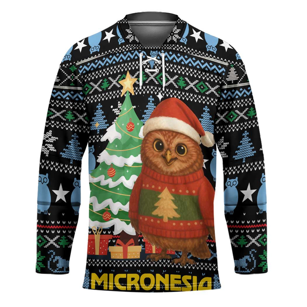 Micronesia Christmas Hockey Jersey with Santa Owl Christmas Tree Gifts and Snowflake - Wonder Print Shop