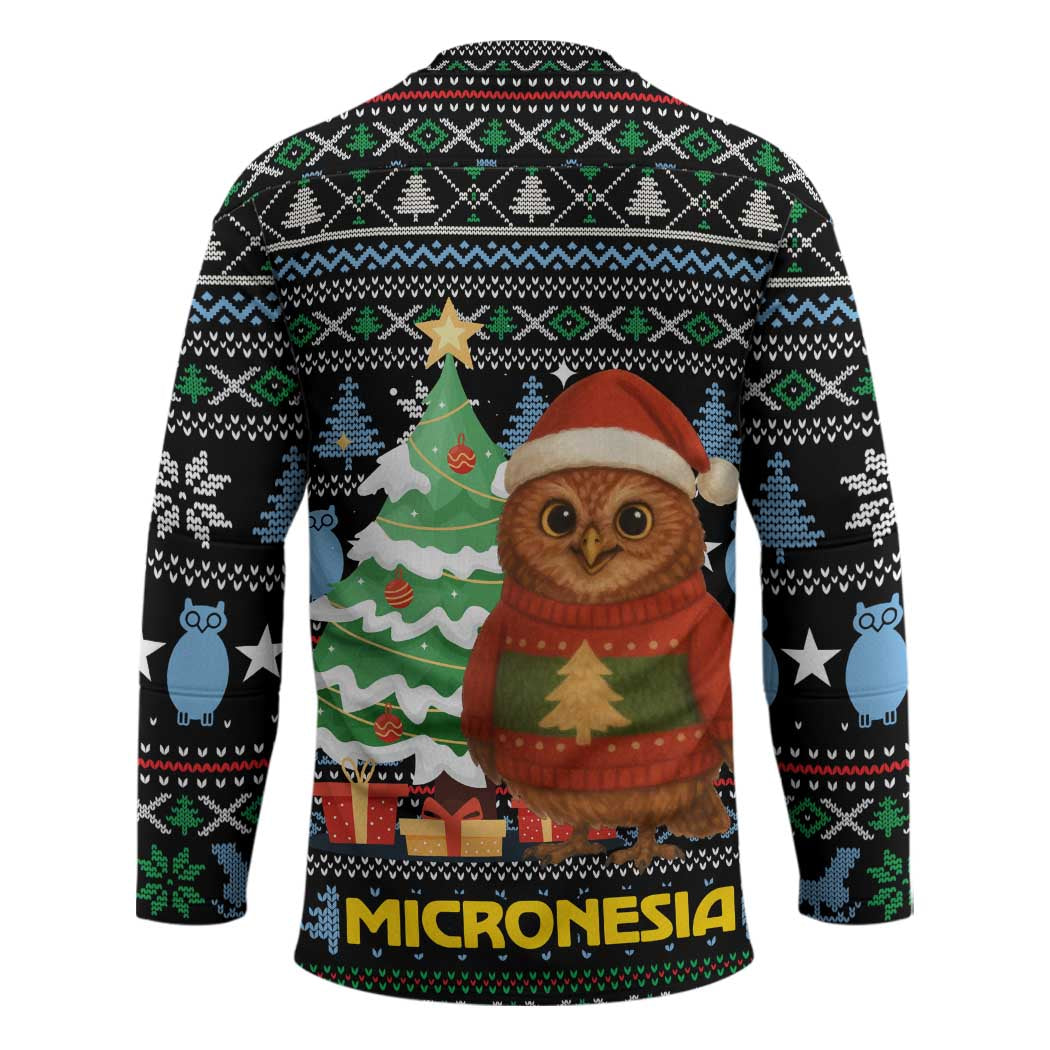 Micronesia Christmas Hockey Jersey with Santa Owl Christmas Tree Gifts and Snowflake - Wonder Print Shop