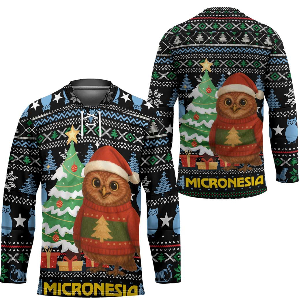 Micronesia Christmas Hockey Jersey with Santa Owl Christmas Tree Gifts and Snowflake - Wonder Print Shop