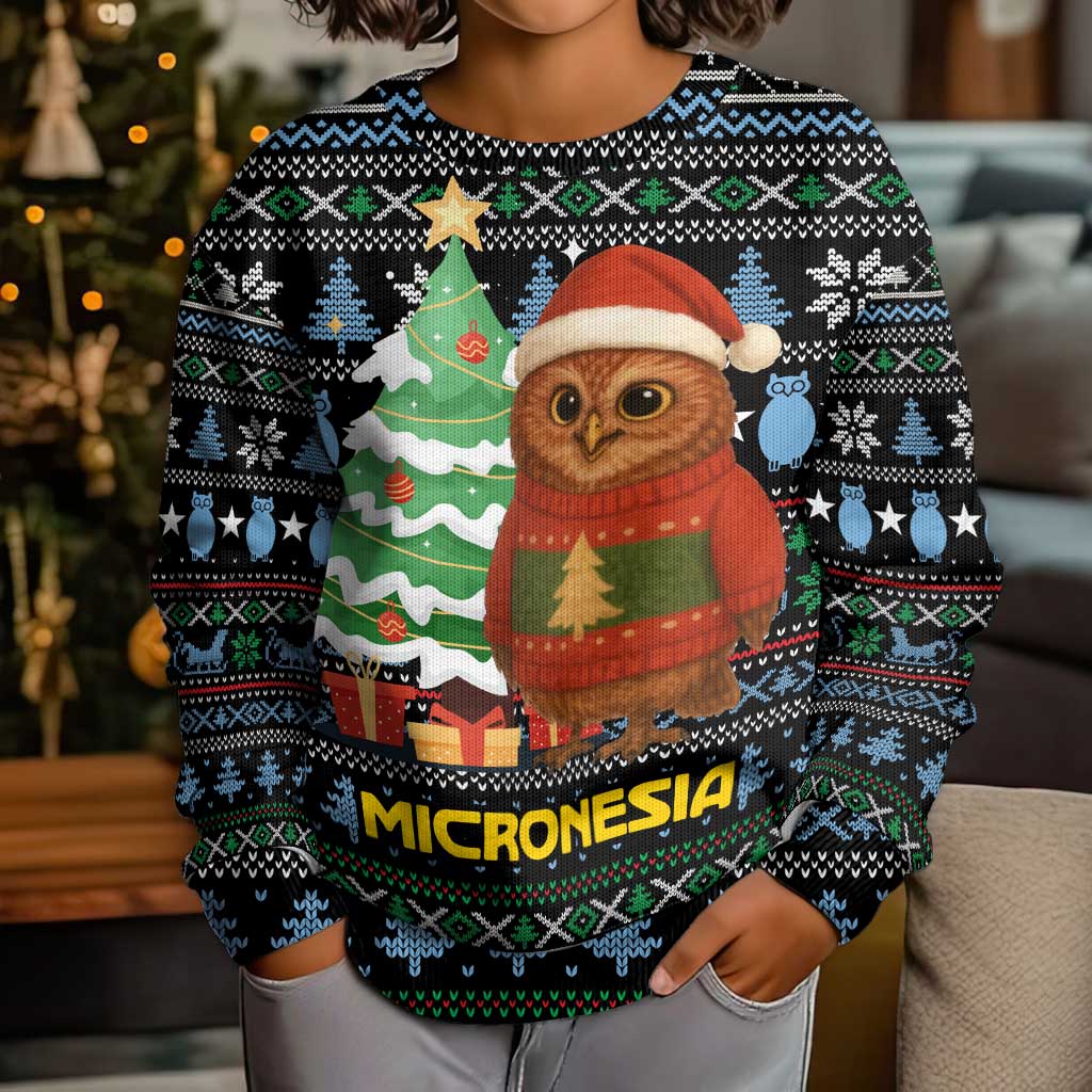 Micronesia Christmas Kid Ugly Christmas Sweater with Santa Owl Christmas Tree Gifts and Snowflake - Wonder Print Shop