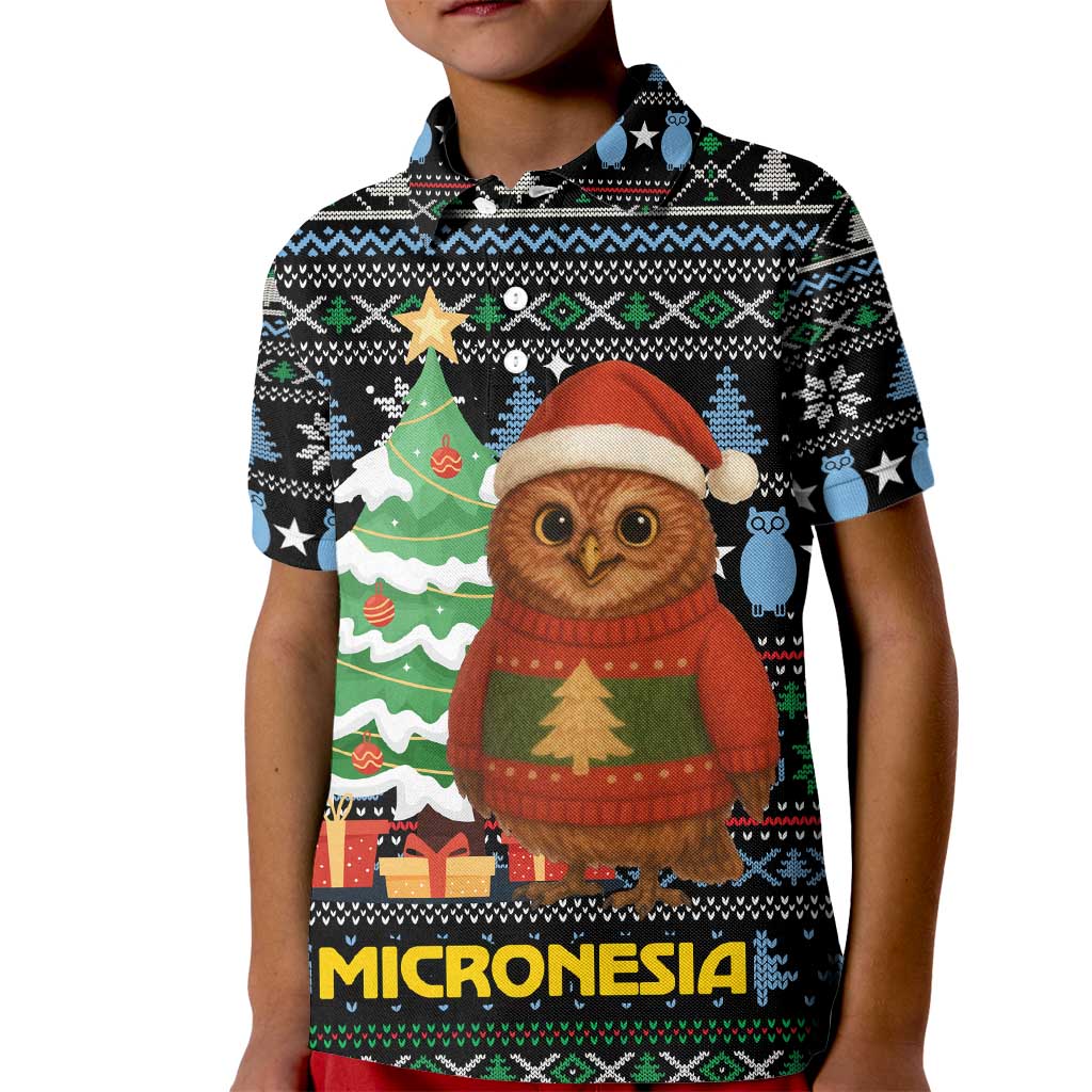 Micronesia Christmas Kid Polo Shirt with Santa Owl Christmas Tree Gifts and Snowflake - Wonder Print Shop
