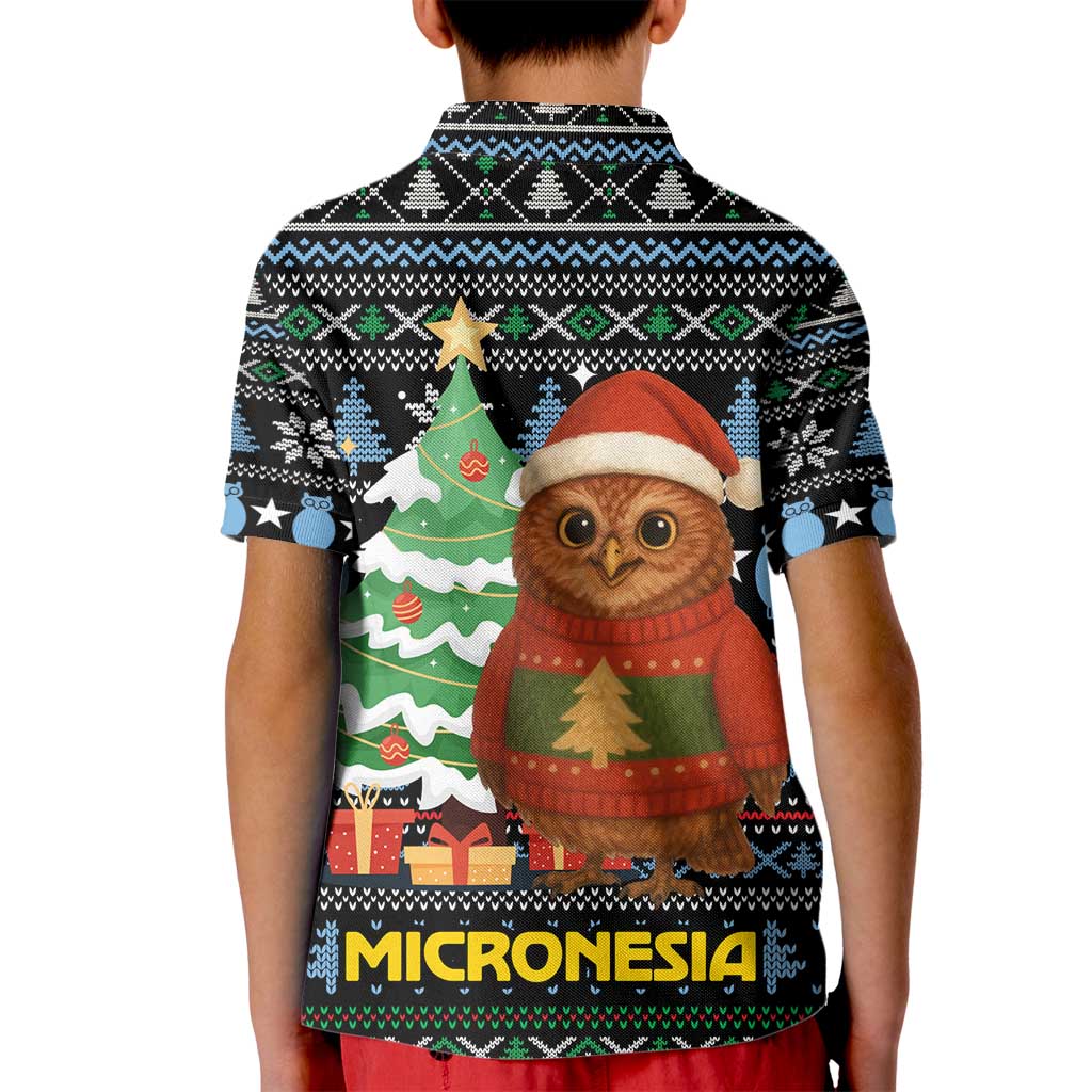 Micronesia Christmas Kid Polo Shirt with Santa Owl Christmas Tree Gifts and Snowflake - Wonder Print Shop