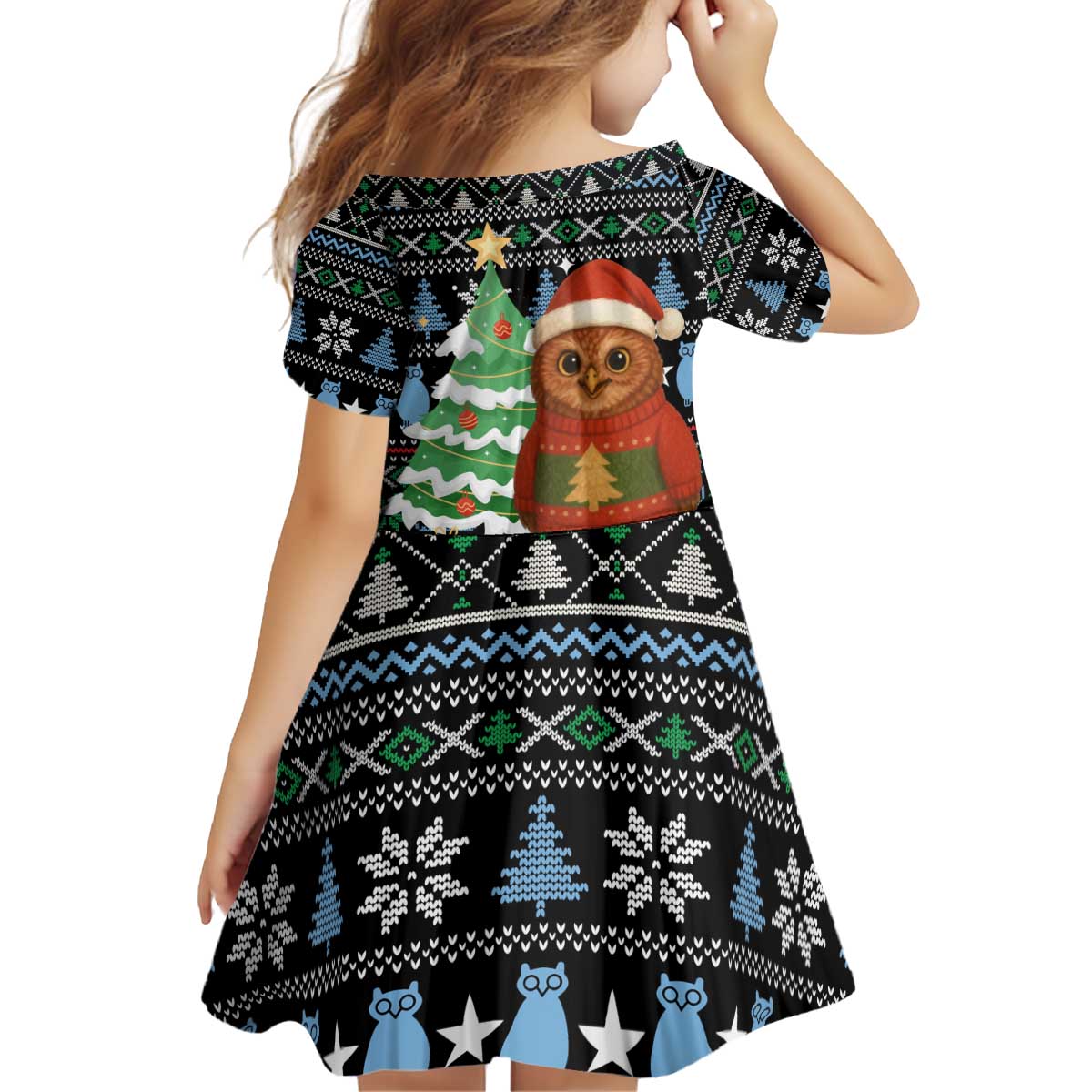 Micronesia Christmas Kid Short Sleeve Dress with Santa Owl Christmas Tree Gifts and Snowflake - Wonder Print Shop