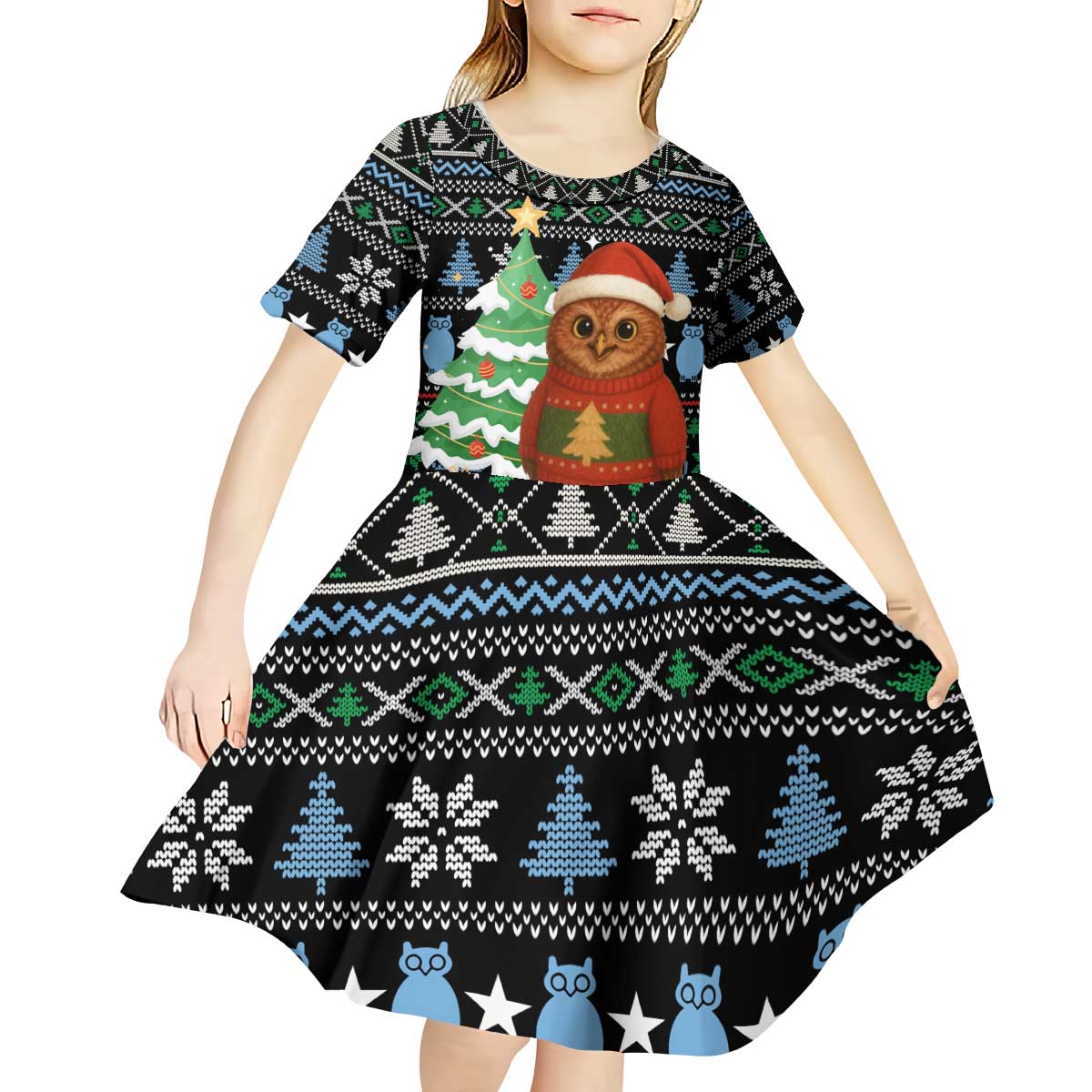 Micronesia Christmas Kid Short Sleeve Dress with Santa Owl Christmas Tree Gifts and Snowflake - Wonder Print Shop