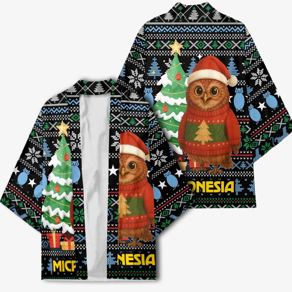 Micronesia Christmas Kimono with Santa Owl Christmas Tree Gifts and Snowflake - Wonder Print Shop