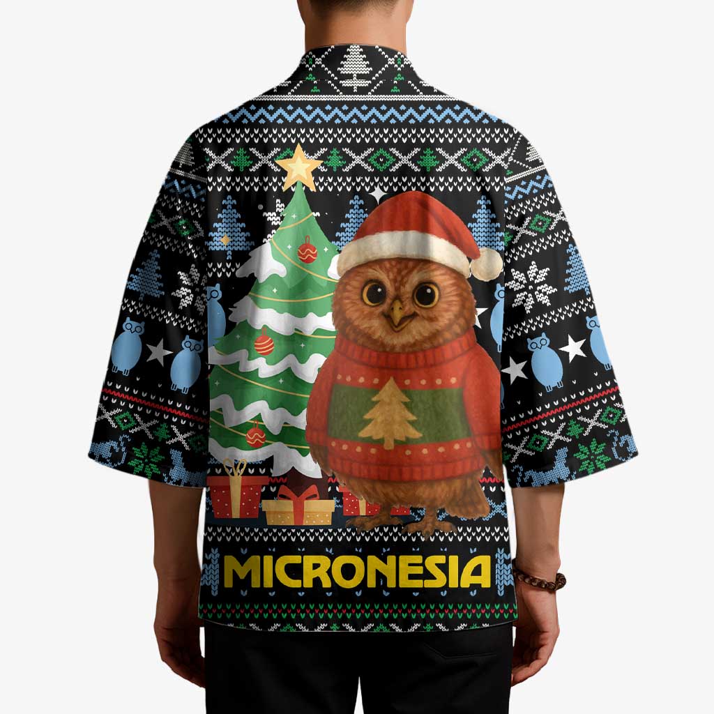 Micronesia Christmas Kimono with Santa Owl Christmas Tree Gifts and Snowflake - Wonder Print Shop