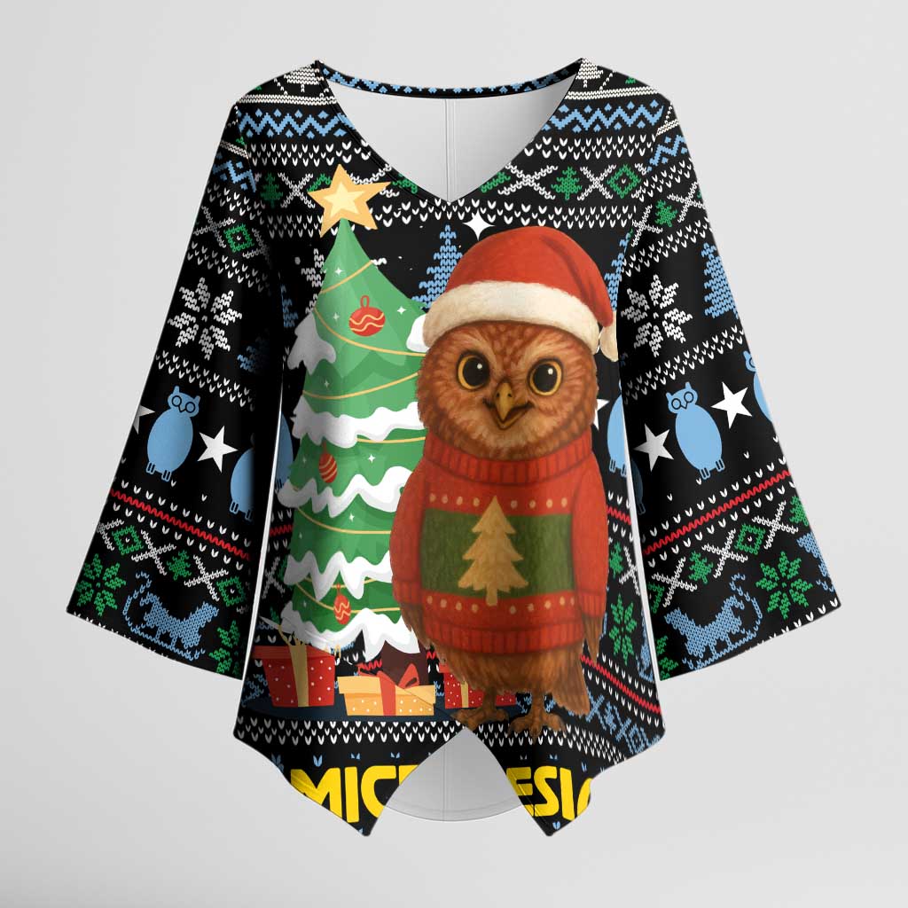 Micronesia Christmas Kimono Sleeve Blouse with Santa Owl Christmas Tree Gifts and Snowflake - Wonder Print Shop